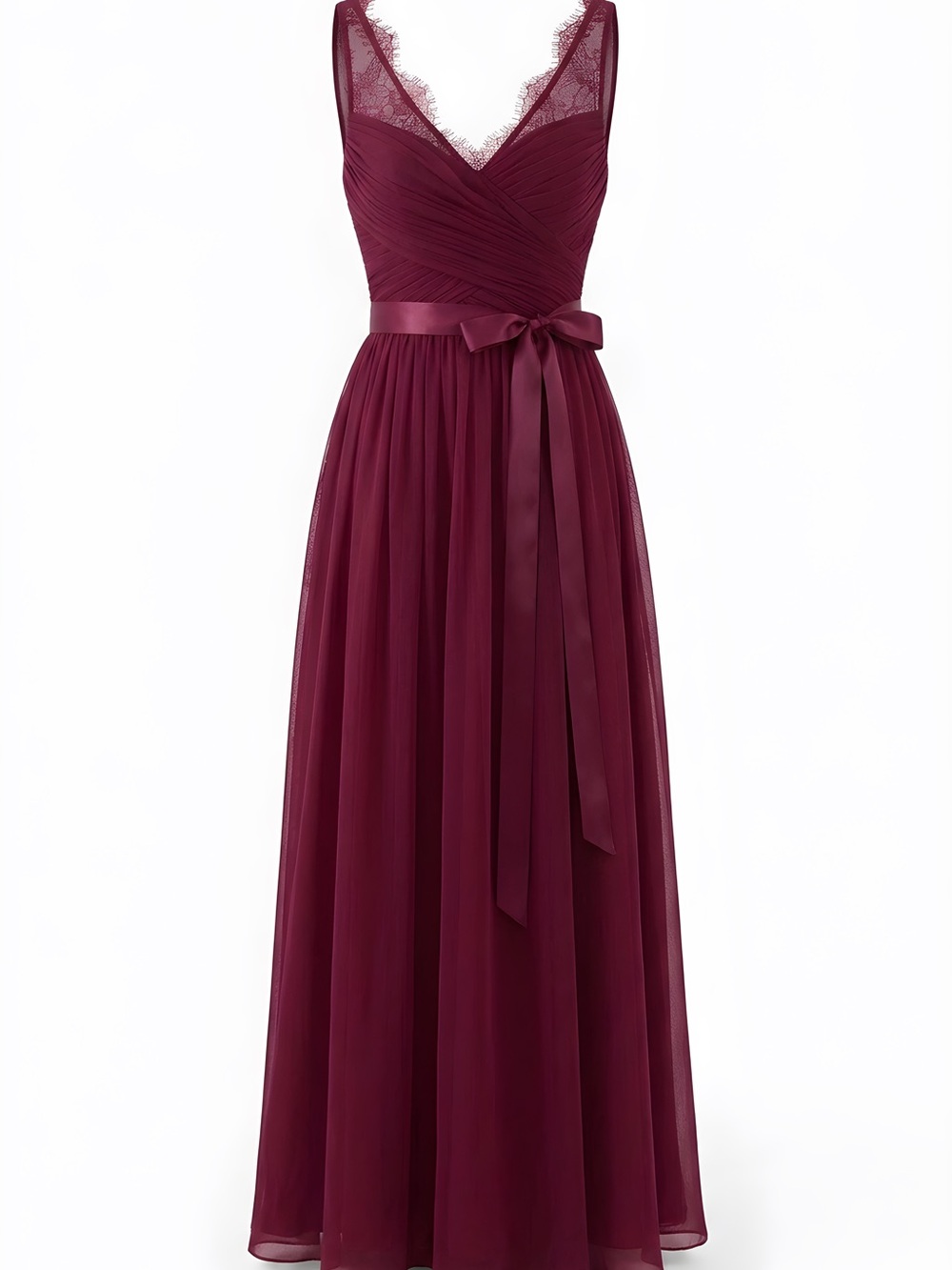 BHLDN Hitherto Lace-Trim V-Neck Maxi Dress in Maroon with Waist Sash